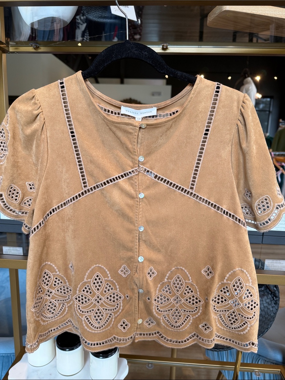 MELISSA NEPTON Camel Velvet Button-Front Embroidered Top